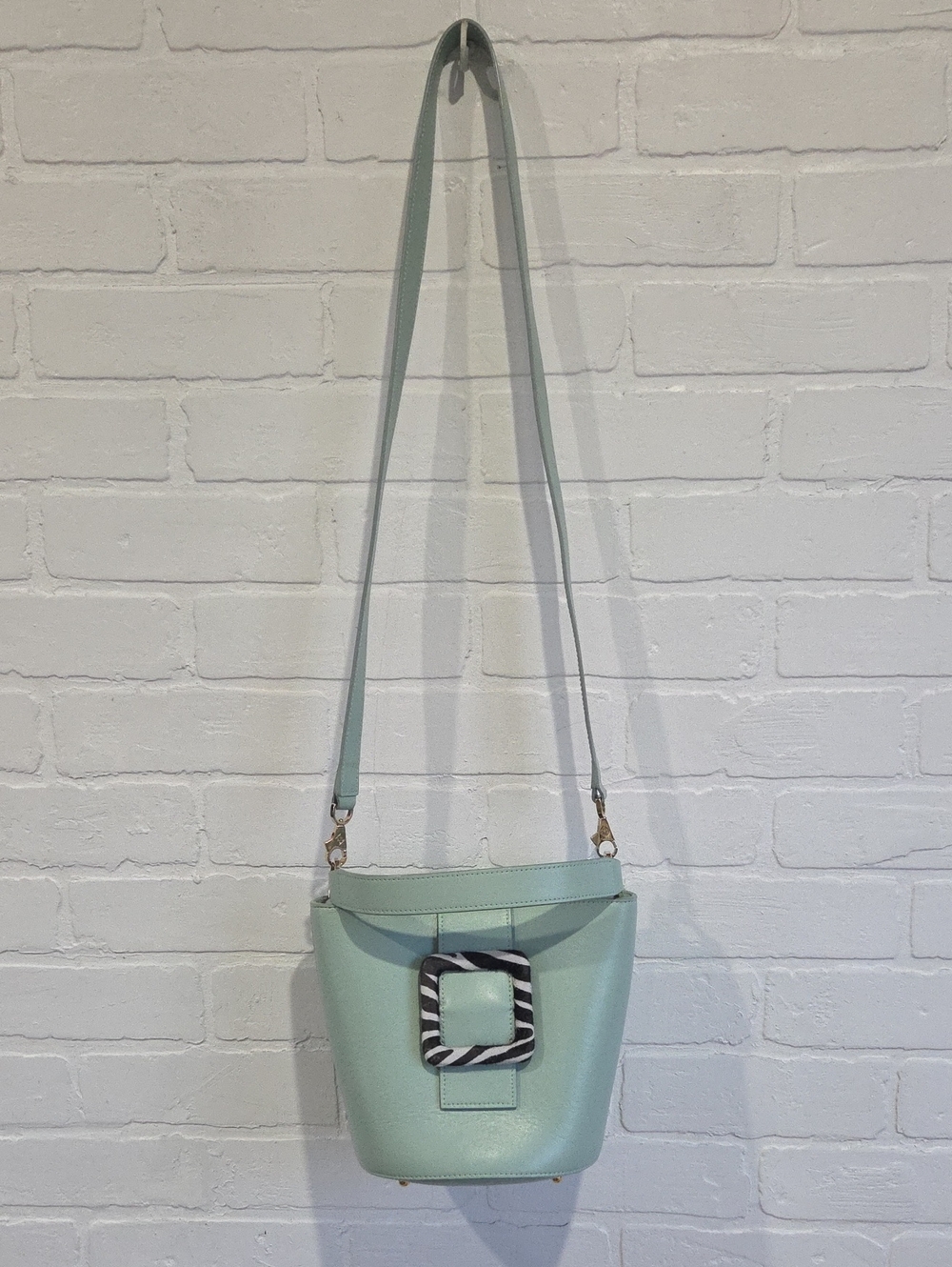 Les Petits Joueurs Mint Italian Leeather Bucket Bag with Zebra Accent Buckle